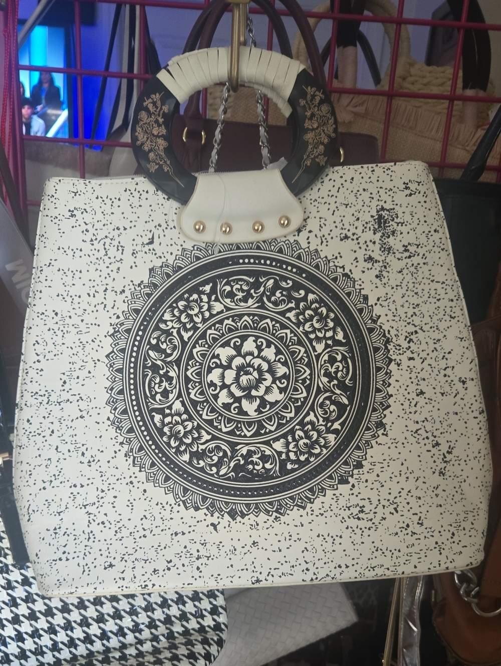 Black & White Mandala Round-Handle Tote